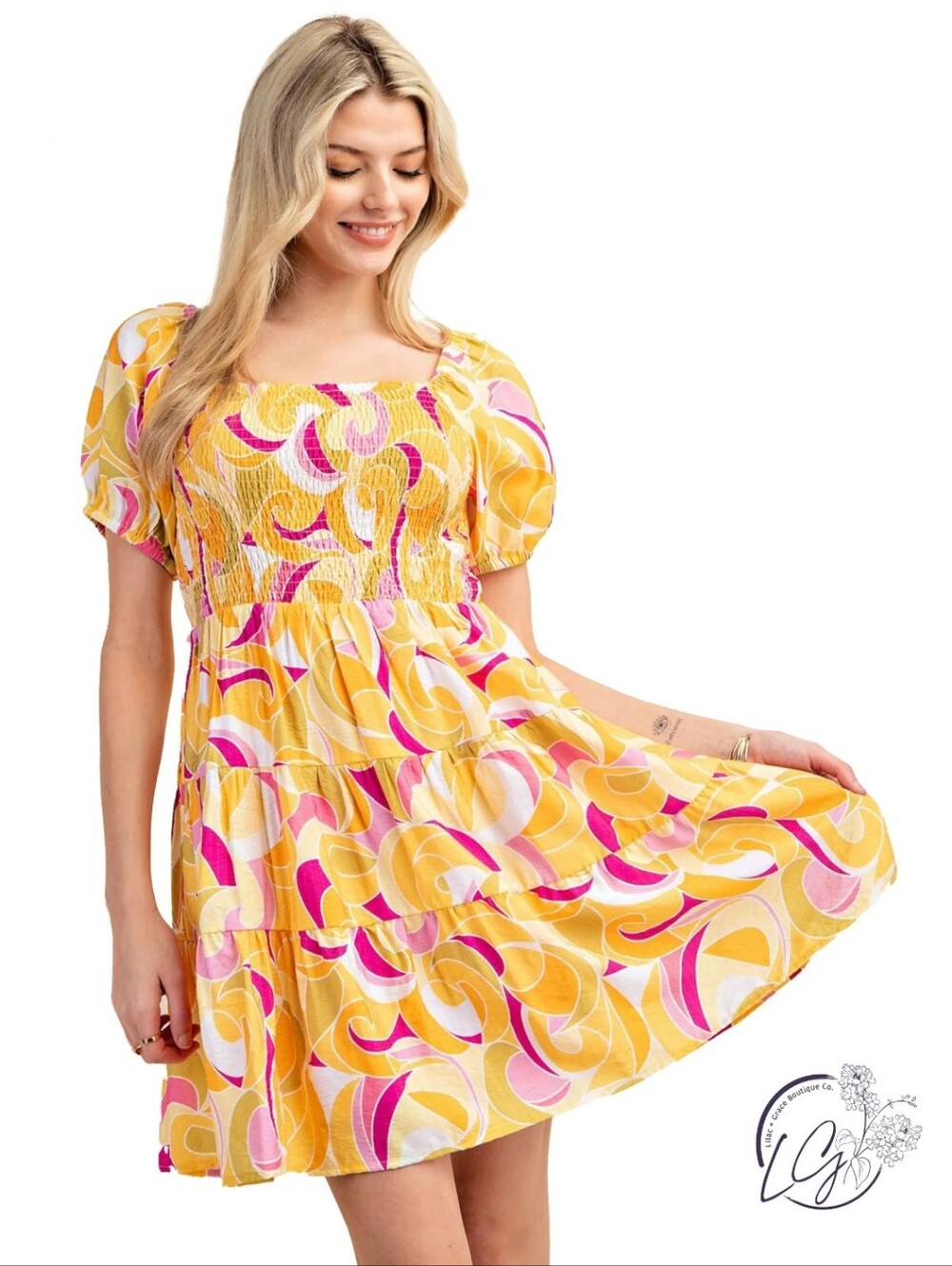NWT Colorful Women's Dress with Pink and Yellow Swirls